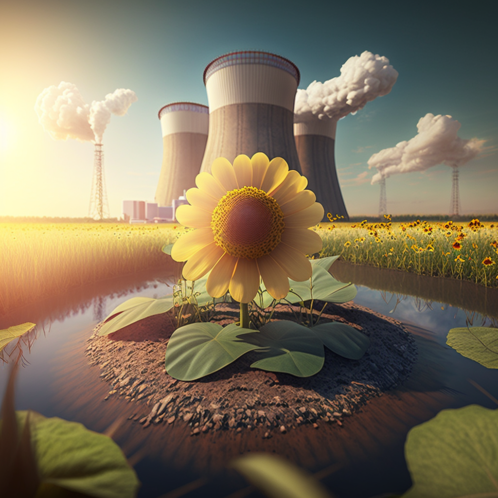 werk01 A nuclear power plant with huge flowers grow from the co 7990646c 84ce 4c45 8767 be8b1f4d3ada